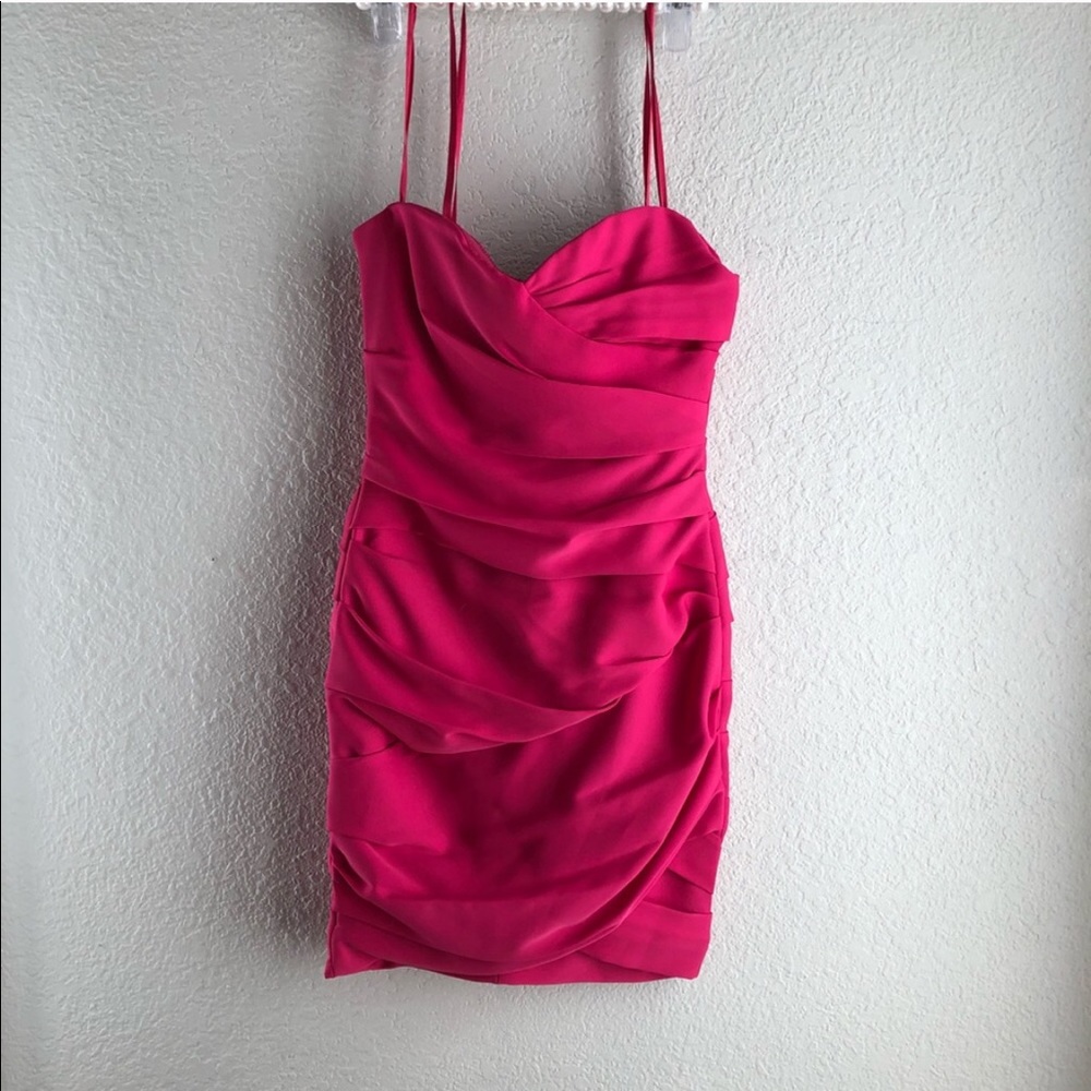Hot pink strapless body con ruched midi dress